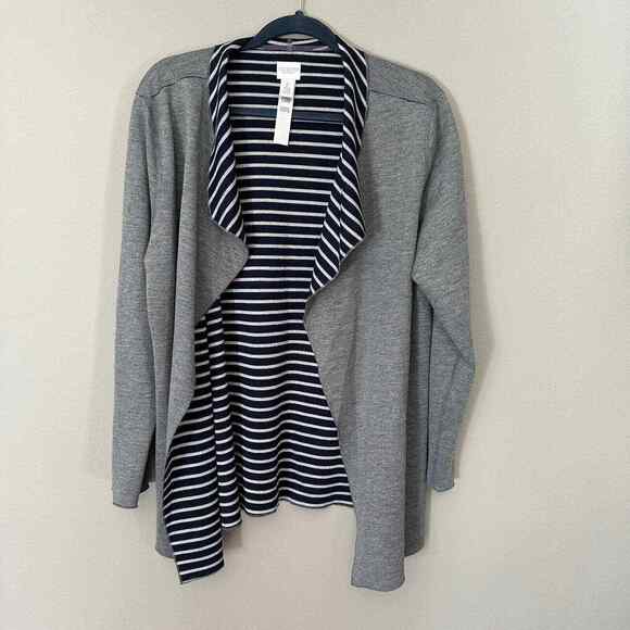 Weekends by Chico's Open Front Cardigan Gray Blue Inside Stripes Women's L - Picture 2 of 8
